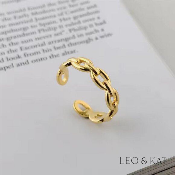Link Chain Adjustable Ring in Gold & Silver. 925 Sterling Silver. #1085 - Picture 3 of 5